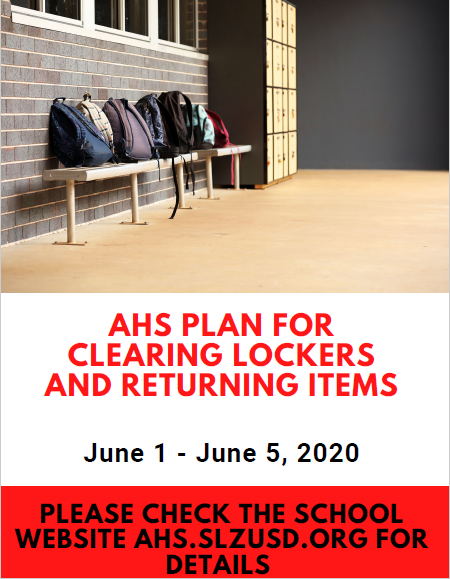 AHS_DONS_ASB's tweet photo. AHS Plan for Clearing Lockers &amp; Returning Items -6/1-6/5- Information is posted in the  news or on the distance learning link.  It is important to read all the details! While on campus, please respect social distancing requirements. https://t.co/C6PjqI9tqG https://t.co/jmekdVfM8q