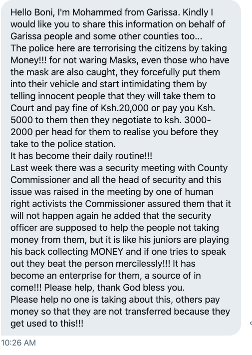 bonifacemwangi's tweet photo. "I'm Mohammed from Garissa. I would like you to share this information on behalf of Garissa people. The police are terrorising the citizens for not wearing masks,even those who have masks are also arrested and forcefully loaded into police vehicles"-via DM- #MaskTax @HonAdenDuale https://t.co/eRPBI1MAuZ