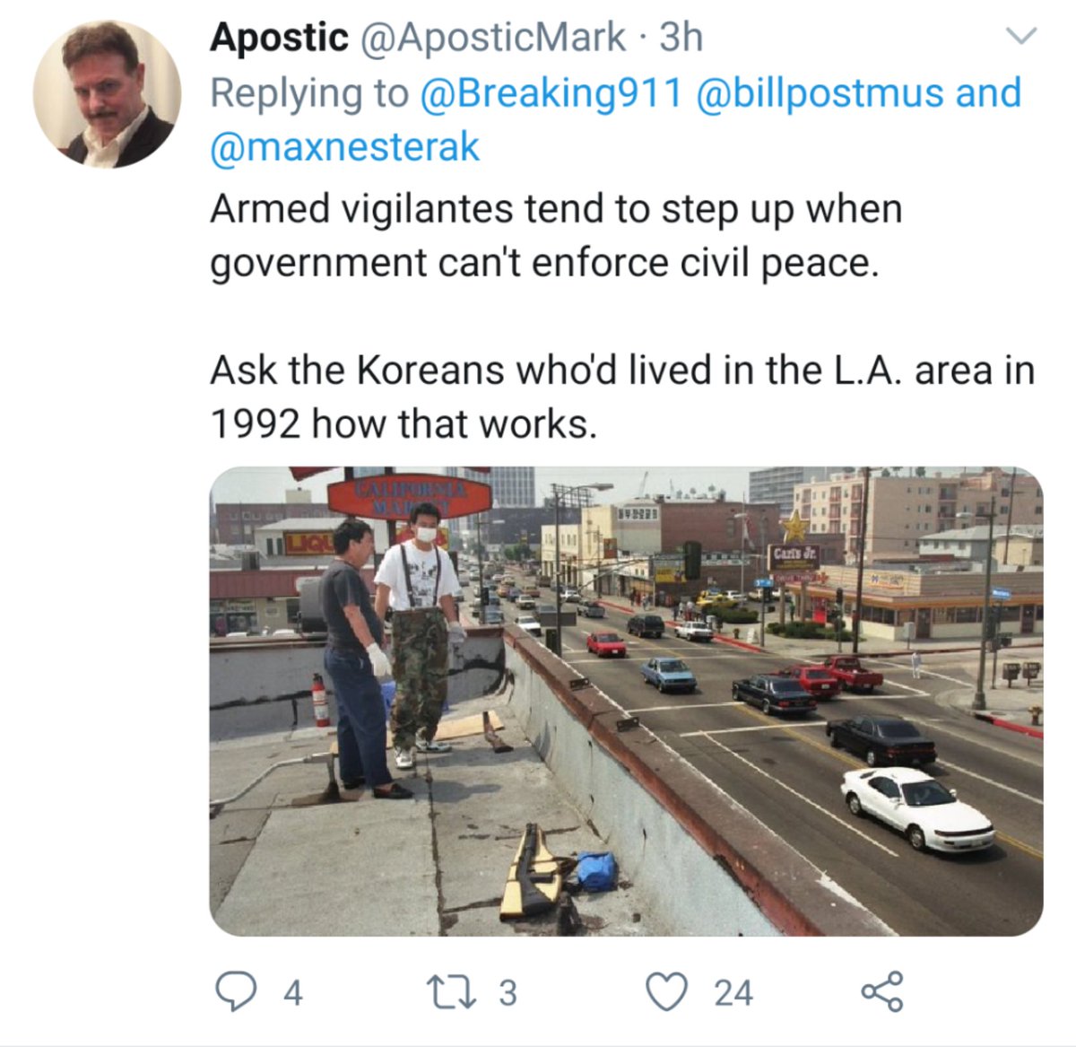 Look a "libertarian", a "veteran", and a supposed Christian just dropping 'Rooftop Koreans' in there to justify these armed men ready to shoot protesters. And they're all too eager to ignore the racial injustice that sparked the LA riots too. But sure, use Koreans as a shield.