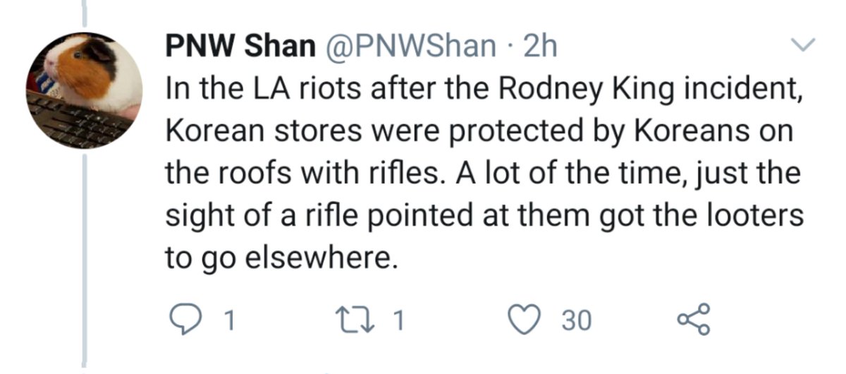 Look a "libertarian", a "veteran", and a supposed Christian just dropping 'Rooftop Koreans' in there to justify these armed men ready to shoot protesters. And they're all too eager to ignore the racial injustice that sparked the LA riots too. But sure, use Koreans as a shield.