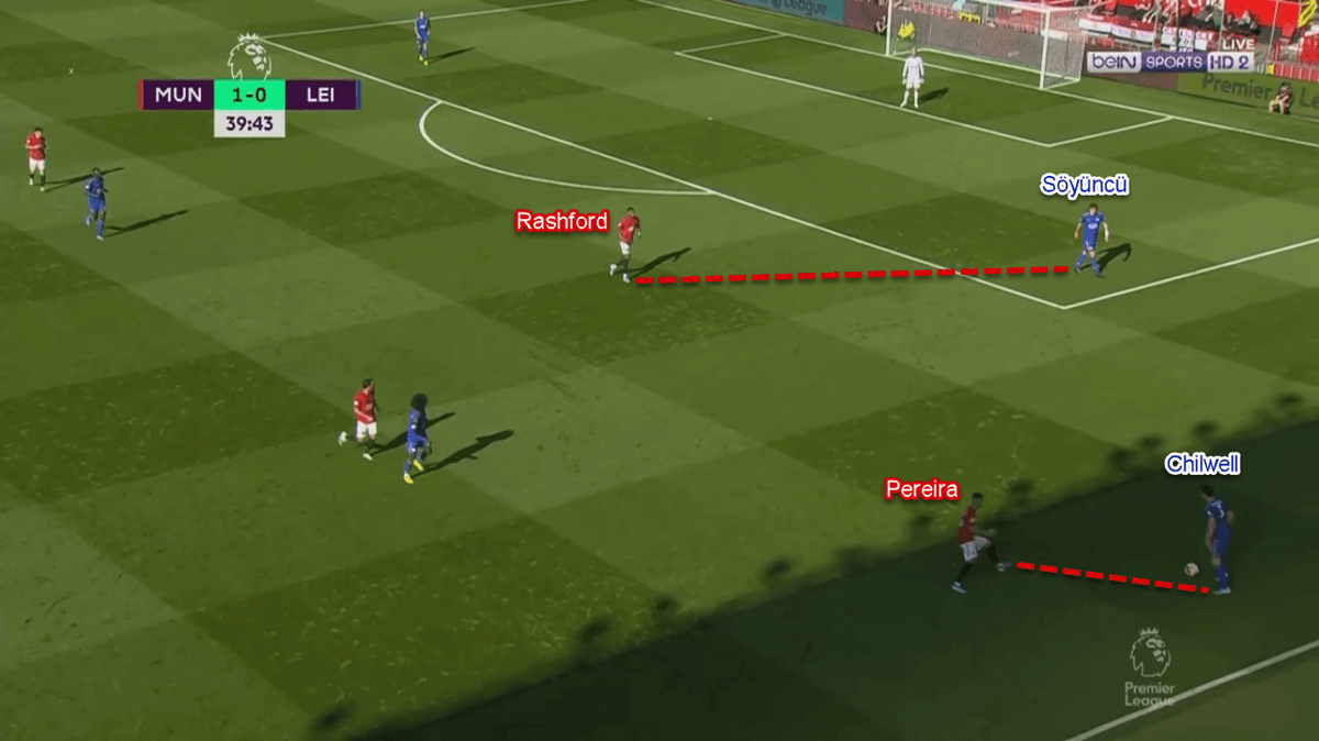 When the ball is being played wide:-close near by CB and join press.-Pereira presses down LEI& #39;s LB. - Rashford close down CB if LB plays ball backwards.