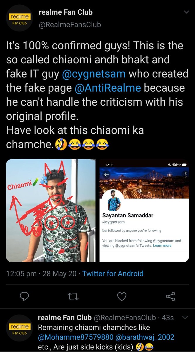 AntiRealme's tweet photo. Hello everyone! Time has come. See the level of abuse done to a person who is not even related to all this. They have given us a great opportunity. Just take this screenshot and tell everyone who you know to report them for abuse. I've already done. This isn't acceptable. https://t.co/9AEQ5kPJFq