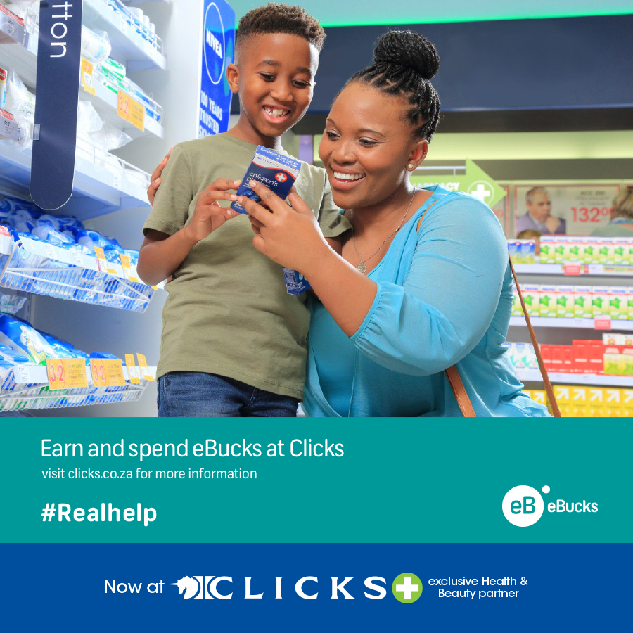Clicks_SA's tweet image. Shop online or in-store at Clicks and you&apos;ll be rewarded with up to 15%* back in eBucks! Now that&apos;s what we call real help! #MoreRewards #SpendAndEarn #eBucksAtClicks