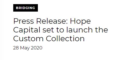 PRESS RELEASE: Hope Capital is set to launch its new Custom Collection. Six different products, features and options which can all be used by borrowers to create a unique, personalised loan. 
Full release here: bit.ly/36Ivfrl
#bridgingfinance #pressrelease #newproducts