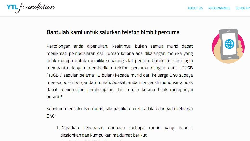 Pelabur_Bijak's tweet photo. Telefon Bimbit Percuma untuk pelajar daripada keluarga B40 oleh @ytlfoundation https://t.co/6bgrWZPr3b