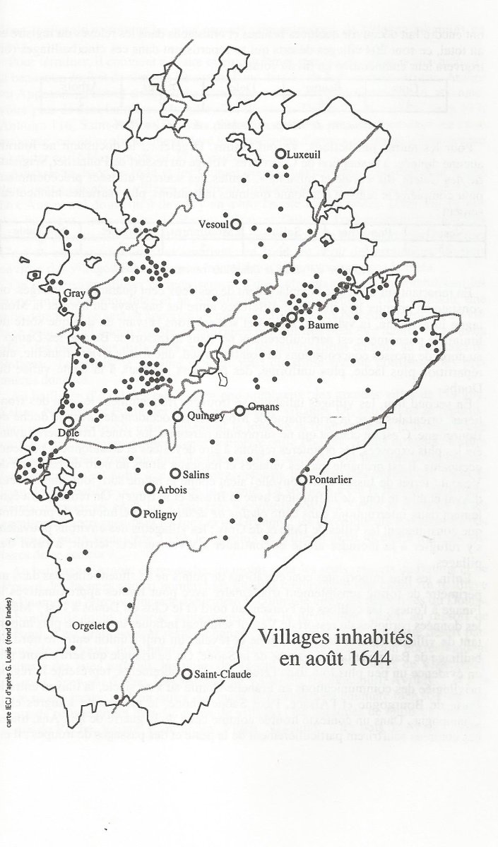 Le sud de la Comté fut moins touché, mais l’espace allant de la Bourgogne à la Porte du même nom par les vallées de l’Ognon et du Doubs, principale zone de circulation des troupes, fut largement dépeuplé en dehors des villes.Carte extraite de Gérard LOUIS. ALUB 1998