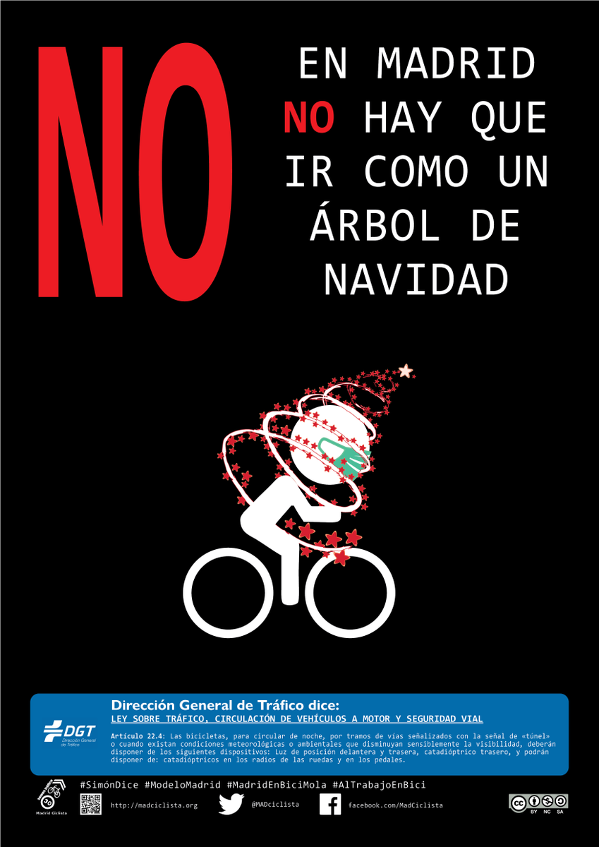 MADciclista's tweet photo. #BuenosDias La campaña #SimónDice viene hoy desde las tinieblas.

▶️ Poca visibilidad -> Luces obligatorias, blanca delante y roja detrás. Que puede ser intermitente.
▶️ El chaleco no es obligatorio en ciudad. En interurbano hay que llevar algo reflectante.

#MadridEnBiciMola https://t.co/JQSZgK21br