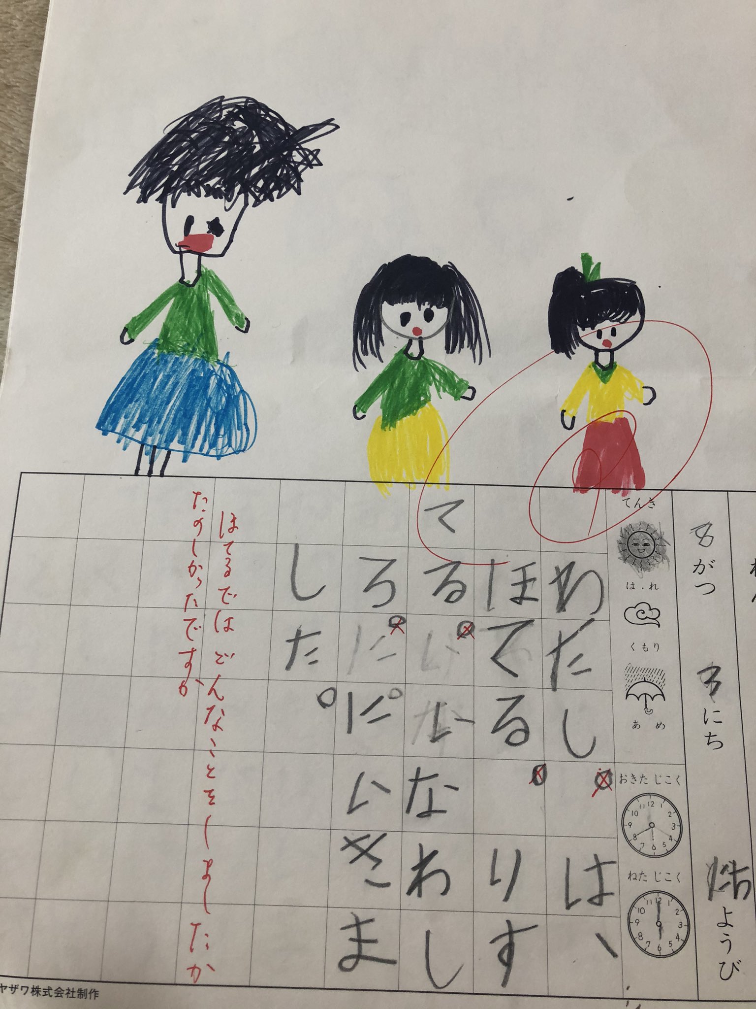 おごせ綾 一年生の時の絵日記出てきました O 今もわりと短文な投稿が多いけど こんな小さい頃からめっちゃ短文だったwww 多分左がお母さんで右が妹 お父さんは仕事だったのか 男の人が書けなくて書いて無かったのかな と推測 賞状とか記録を