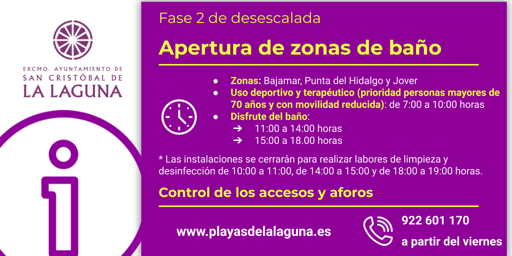 🔴Se abren los accesos a las zonas de baño de Bajamar, Punta del Hidalgo y Jover en la #Fase2. 
El <a href="/aytolalaguna_es/">Ayuntamiento de La Laguna</a> ha creado una aplicación para coordinar su ocupación para evitar aglomeraciones y asegurar la distancia de seguridad.
Accede a 👉: playasdelalaguna.es