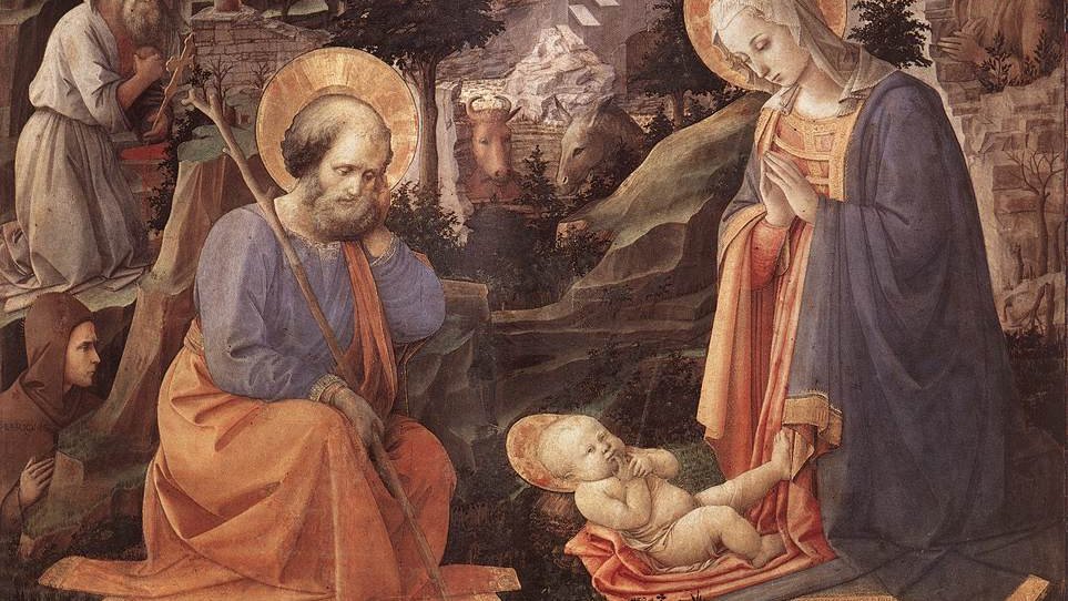 Dans ce tableau de Lippi (Adoration d’Annalena, v.1455, conservé aux Offices de Florence), la robe mariale, normalement bleue, vire au rose, et devient si ample qu’elle enfouit entre ses plis le pied de Jésus qui gît sur le sol aux pieds de sa mère.