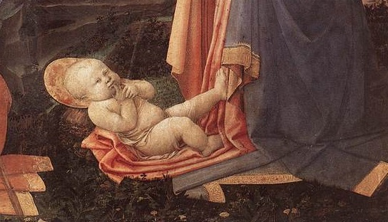 La position de l’Enfant mime celle d’un accouchement puisque l’extension de sa jambe gauche indique un mouvement de descente. Visuellement, le fidèle voit le Dieu incarné émaner de la robe rose, et donc du sang, de la Vierge.