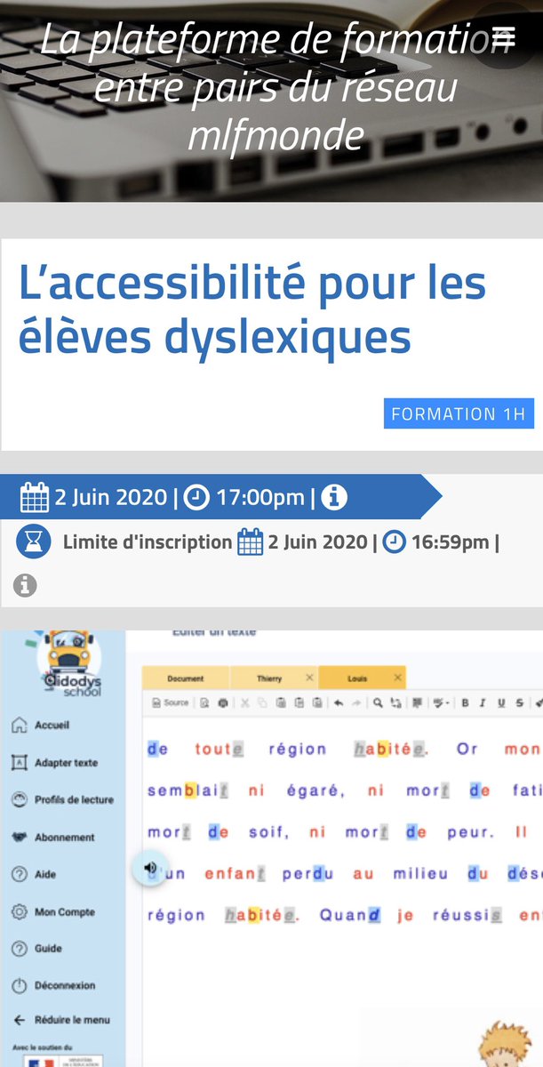 Nouvelles formations <a href="/aidodys1/">Aidodys</a> le 2 et 9 Juin sur l’accessibilité pour les élèves DYS sur le #forumpedagogique avec #Mlfveille <a href="/mlfmonde/">Réseau mlfmonde</a> 
#dyslexie #numerique #accessibilité leforumpedagogique.org/formations/lac…