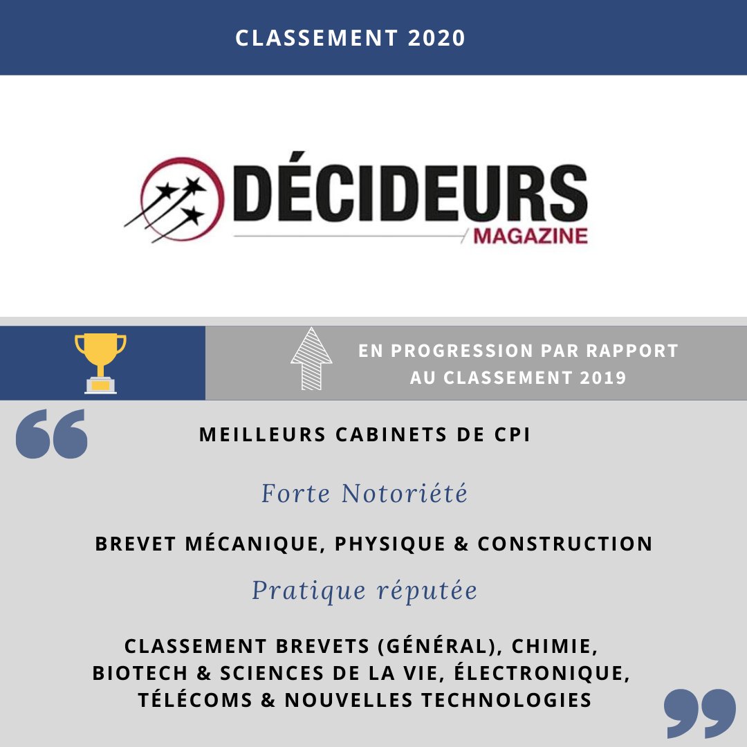 [NOUVELLE ACTUALITÉ] Le <a href="/CabinetGuiu/">Cabinet GUIU-JURISPATENT</a> est lauréat du classement 2020 des meilleurs cabinets de Conseils en Propriété Industrielle au plan national, établi par #DécideursMagazine - Groupe Leaders League ! Pour en savoir, n'hésitez pas à nous suivre !
