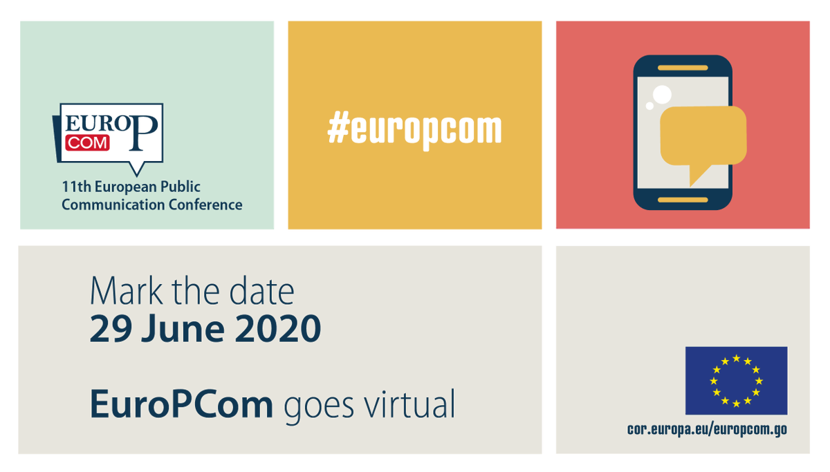 EU_CoR's tweet photo. 👩‍💻 #EuroPCom goes virtual!
Due to the #COVID19 crisis, the conference will look different this year:
📌 On 29 June, we'll bring you a series of webinars
📌 On 7 and 8 December, #EuroPCom will continue
👉 Stay tuned for details: https://t.co/CvFMxRMkoN https://t.co/ub8Kj1bXxb