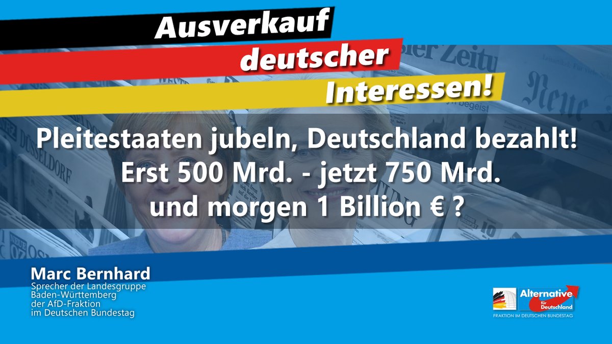 Twitter: #Merkel, #Macron und #von der Leyen überbieten sich beim Umverteilen deutscher Staatsfinanzen #Genschenke- und #Schuldenunion wird kontinuierlich vorangetrieben. Diese wahnsinnige Umverteilung führt uns zum nächsten historischen Trümmerhaufen! #Bernhard
