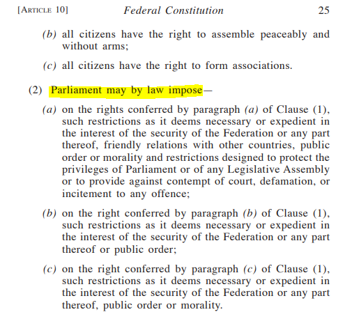 3. Penang Gov faces a 2nd legal hurdle. Art 10(2) states that only Parliament (not State Legislative Assembly) can restrict freedom of association under Art 10(1)(c).Supreme Court in Nordin Salleh also took note of this: