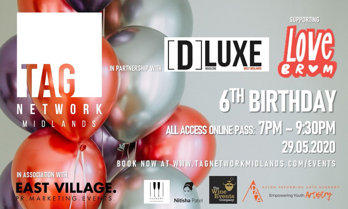 peaceout_people's tweet photo. Wow!! 6 yrs ago I started @TAGNetworkMids & delighted to celebrate our 6th Birthday w/ @dluxemag @EASTVILLAGEPR @AstonPAA
@luxurylivemusic @TheWineEventsCo
@Chef_Nitisha in support of @LoveBrumUK
Join us on Friday 29th May & party online ๐https://t.co/e7IGJZA2m9
#TAGturns6 https://t.co/SHkepzD2xH