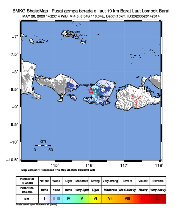 #Gempa Mag:4.3, 28-Mei-20 14:23:14 WIB, Lok:8.54 LS, 116.04 BT (Pusat gempa berada di laut 19 km Barat Laut Lombok Barat), Kedlmn:10 Km Dirasakan (MMI) III Lombok Utara, III Lombok Barat, III Lombok Tengah, III Mataram, II Karangasem #BMKG
