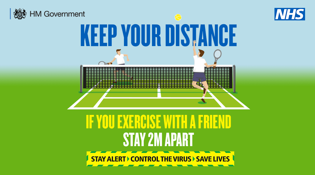 Image: tennis court. Text: Keep your distance. If you exercise with a friend, stay 2m apart.
