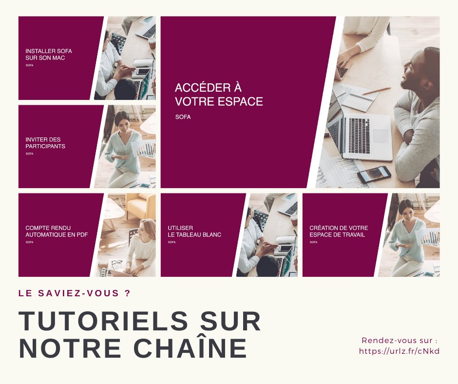 LE SAVIEZ-VOUS ?

De nombreux tutoriels sont présents sur notre chaîne Youtube pour vous accompagner dans votre utilisation de #Sofa.

Rendez-vous ici pour visionner les tutoriels : urlz.fr/cNkd

#visioconférence #sofacollaboration #travaillerautrement #télétravail