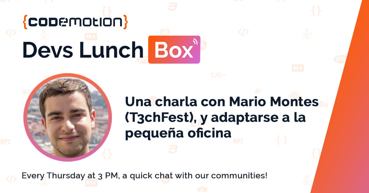CodemoMadrid's tweet photo. En nuestras #CodemoCharlas de hoy, tendremos a @mariomnts hablando de porqué no es buena idea trabajar desde el sofá y otras cuestiones acerca de la cuarentena.
#DevsLunchBox
⏰ A partir de las 15 hs
🌐 https://t.co/SKgzv9RB7V https://t.co/Oytyr05BPO