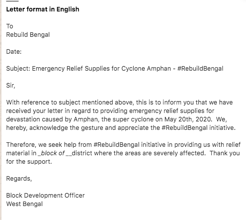 RebuildBengal's tweet image. #CycloneAmphanUpdate 
If you have identified a village/GP that needs support, pls collect letter from local admin with list of material required in specific areas.

The format of letters from Panchayats / Block and District offices in attached pics.

RT/ share as needed.