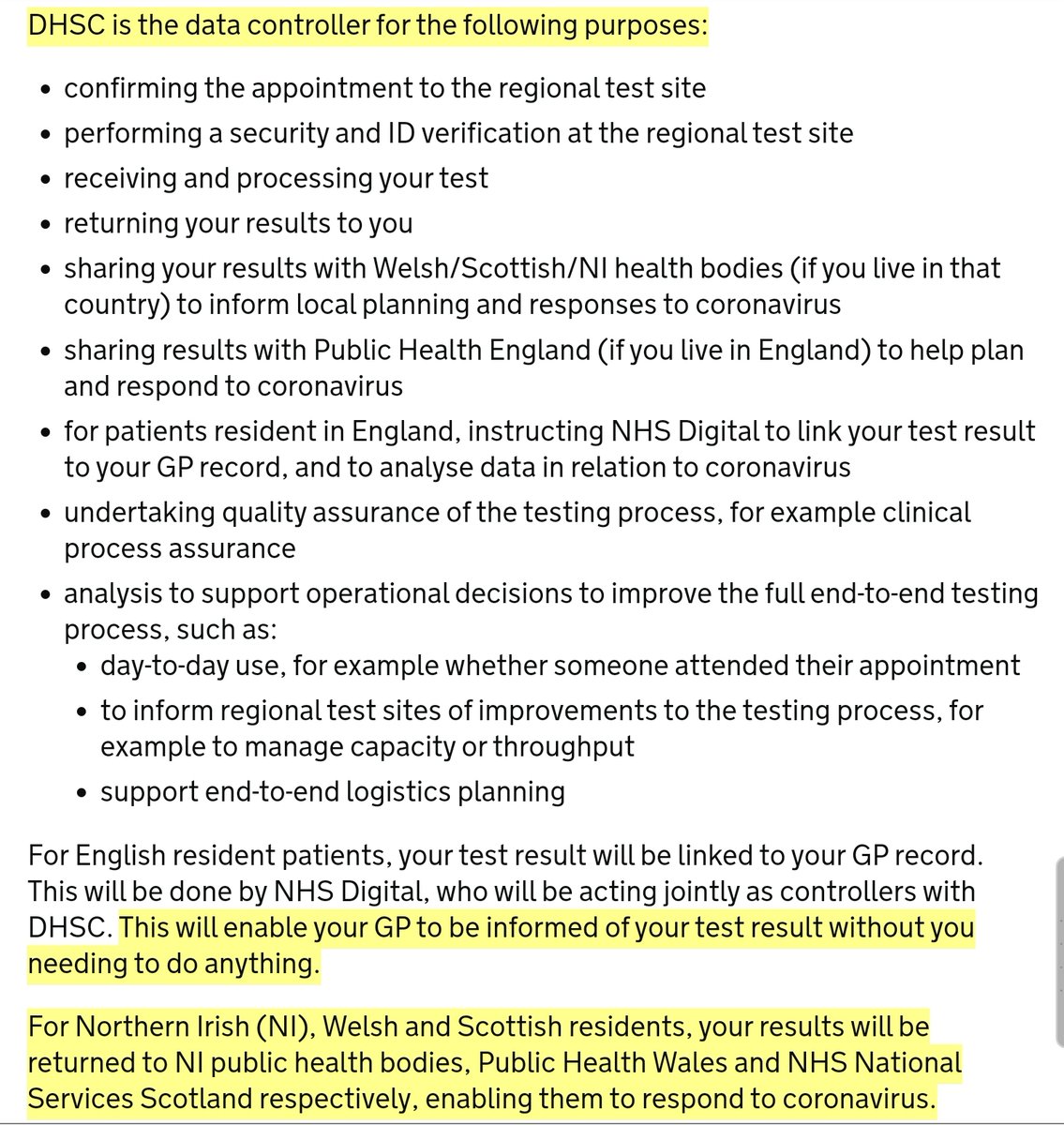 Useful to read about why the Department of Health & Social Care is the data controller (they commissioned the virus testing program)I've never understood why despite it all being the UK, the NHS policies are different for England vs NHS in Scotland/NI/Wales?10/n