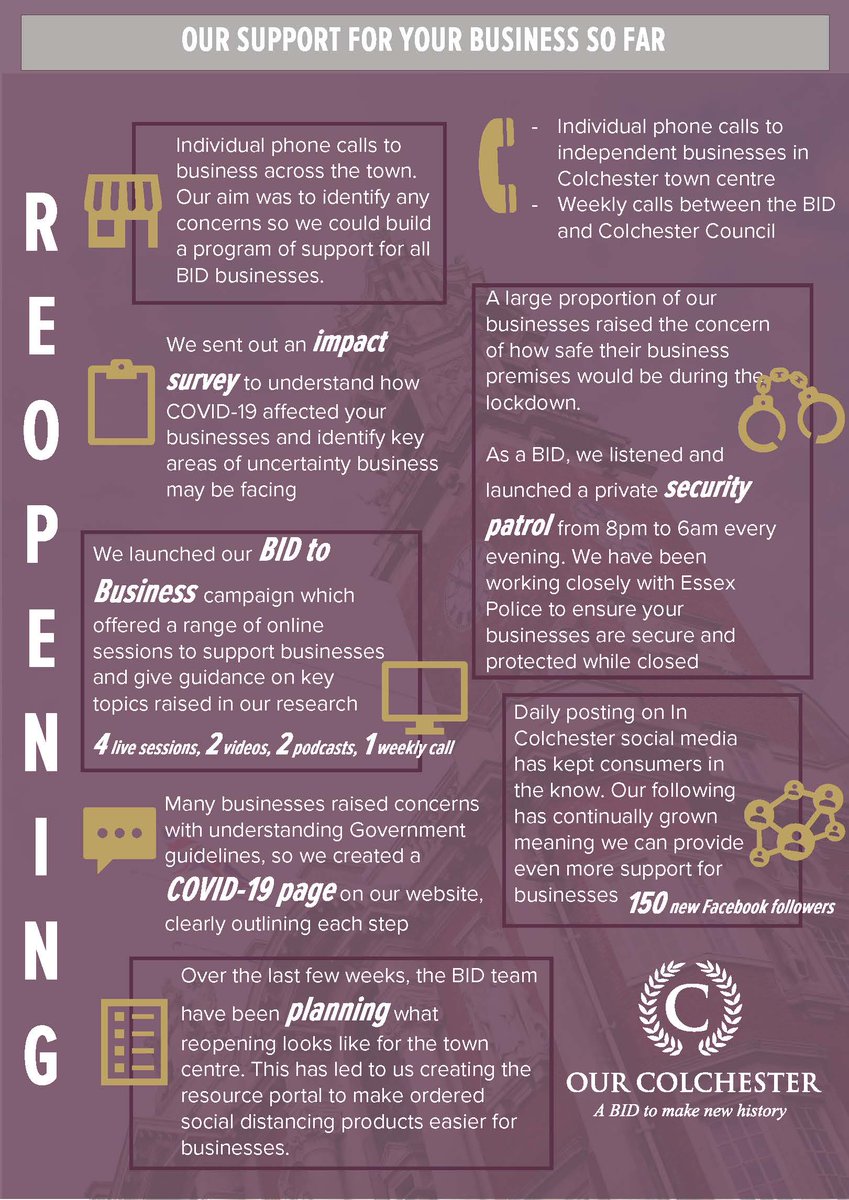 ColchesterBID's tweet image. Over the last few weeks, Our Colchester has been working hard to provide Colchester businesses with support and guidance during this time. As we now move towards reopening, we wanted to outline our projects and achievements. 

ourcolchester.co.uk
#WelcomeBackColchester