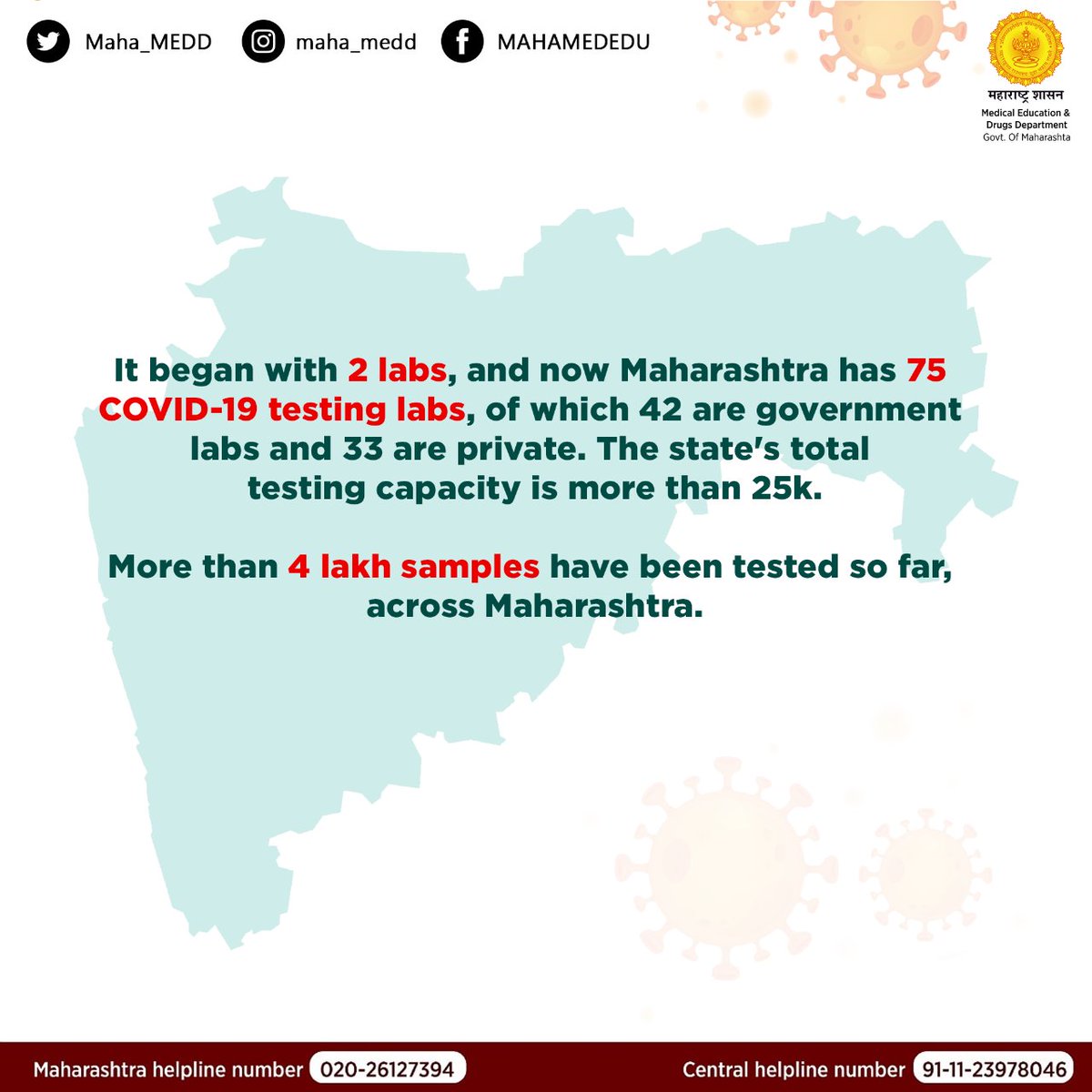 DrSanMukherji's tweet image. #Maharashtra has the highest number of #COVIDー19 testing labs and testing capacity in #India, and has conducted more than 4 lakhs test so far across the state.
Test, test and isolate!
#MaharashtraFightsCorona #IndiaFightsCorona #CoronaUpdatesInIndia #MedicalMaharashtra #MEDD