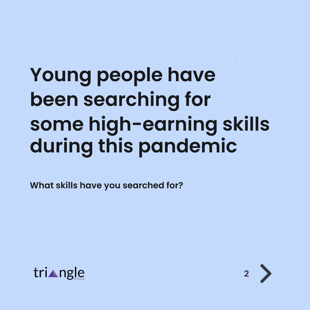 _triangleafrica's tweet photo. We think learning in 2020 should be deliberate and calculated - there's no time to learn amiss, visit https://t.co/b6F9cn8mkS to find relevant skills
Let us celebrate together! Drop a comment of the skills you have learnt during the pandemic😉
#TriangleAfrica #InterestDiscovery https://t.co/QuNpmwTtnm