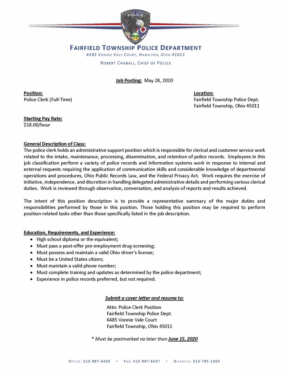 Job Posting: Police Clerk (full-time)  Submit a cover letter and resume to the police department during business hours or via mail.  Deadline (postmarked) date is June 15, 2020.  Please see the attached posting for additional details.