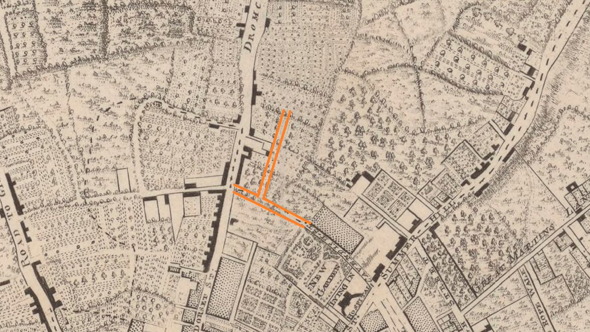 Most remarkably, it predated Hardwicke Street itself, built as a private house off Drumcondra Lane (Dorset Street) in the early 1700s for one Major Favier/Ferière. Here it is mapped in 1756 with the modern street line in orange, and shown again in 1797 in better detail.