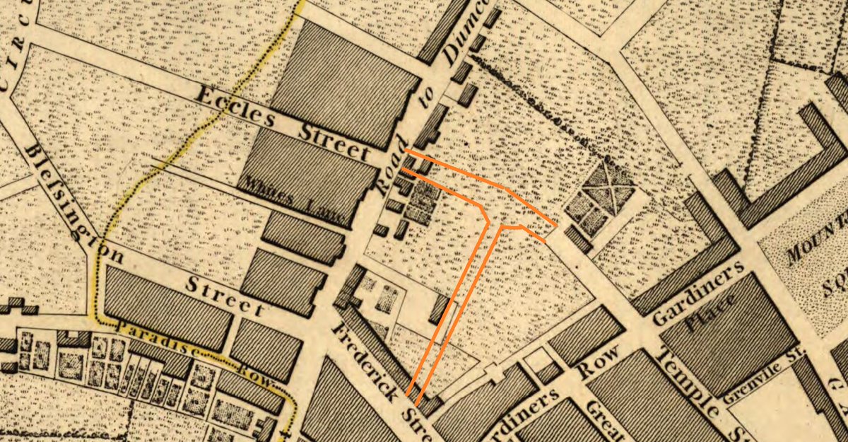 Most remarkably, it predated Hardwicke Street itself, built as a private house off Drumcondra Lane (Dorset Street) in the early 1700s for one Major Favier/Ferière. Here it is mapped in 1756 with the modern street line in orange, and shown again in 1797 in better detail.