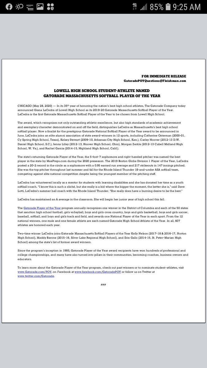 So proud to announce that Lowell High School's Gianna LaCedra was named Massachusetts Gatorade Player of the Year for 2019-2020.  Gianna also won this prestigious award for the 2018-2019.

Congratulations "G", well deserved.

#proudcoach