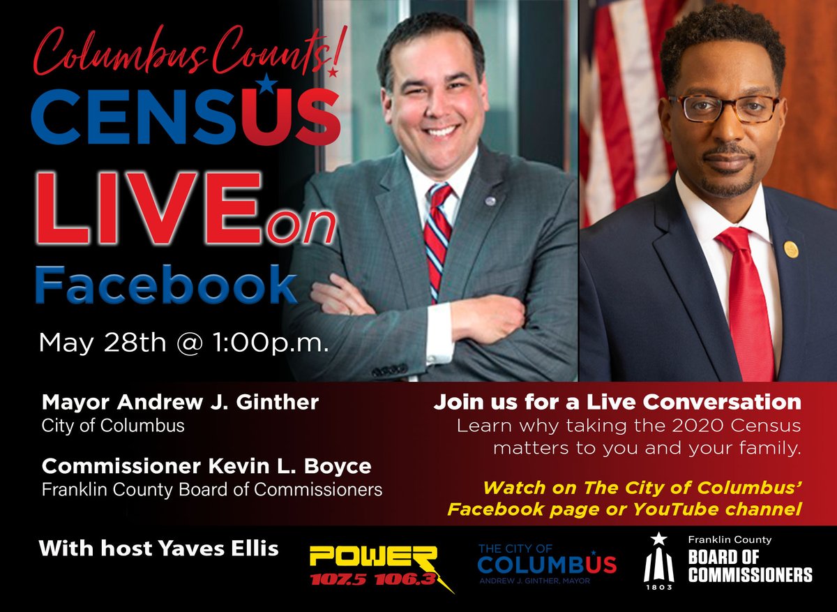 ColumbusGov's tweet photo. Join Columbus @MayorGinther and @franklincountyboardofcommissioners Kevin L. Boyce for
Columbus Counts Census Live.
Join the conversation later today at 1pm on Facebook
@ColumbusGov
#Census2020 #ColumbusCounts #FranklinCounty https://t.co/GZh6o7XAJj
