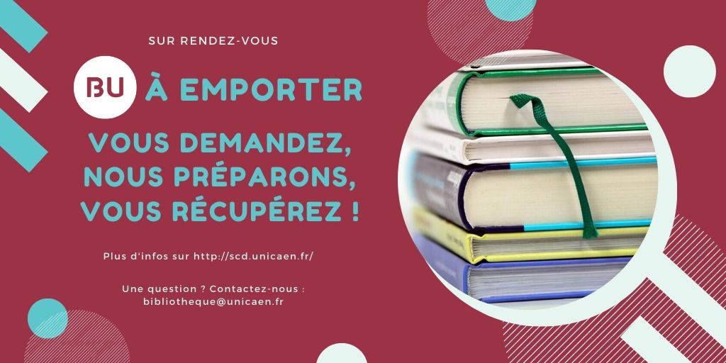 "BU à emporter" : vous demandez, nous préparons, vous récupérez !
Besoin ou envie d'emprunter des documents 📚🗞️💿 ?
Dès demain, commandez des ouvrages sur le portail, dès la semaine prochaine récupérez les sur les campus de Caen, Alençon &amp; Cherbourg 🛍️
➡️ bit.ly/3gCj9or