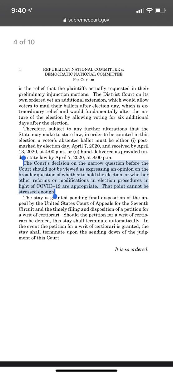 “If only someone, maybe a ‘supreme’ court of some kind, had the power to help prevent people from getting sick because they had to vote in person. Alas, our hands are tied, in a manner that just so happens to align with the policy preferences of the GOP.”  https://www.supremecourt.gov/opinions/19pdf/19a1016_o759.pdf
