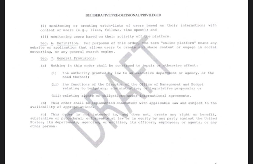 JamesNurdenDC's tweet photo. Draft of Trump's Social Media EO:  'selective censoring' would allow the Commerce Dept. to try to refocus how broadly Section 230 is applied: "...prohibit ... practices by entities regulated ... that restrict speech in ways that do not align with those entities public reps" https://t.co/QUVhsmII8Q