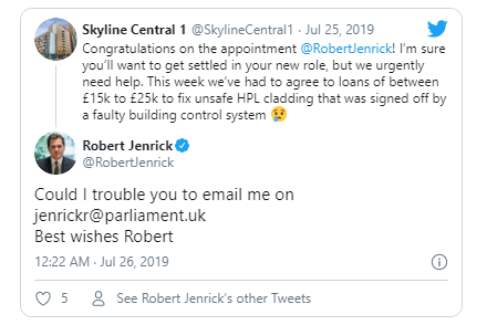 Leaseholders at  @SkylineCentral1 have had a very rough deal from govt. Back in July 2019, they contacted  @RobertJenrick asking for help with costs to remove dangerous cladding. But they were excluded because funding at the time only covered ACM and they had HPL