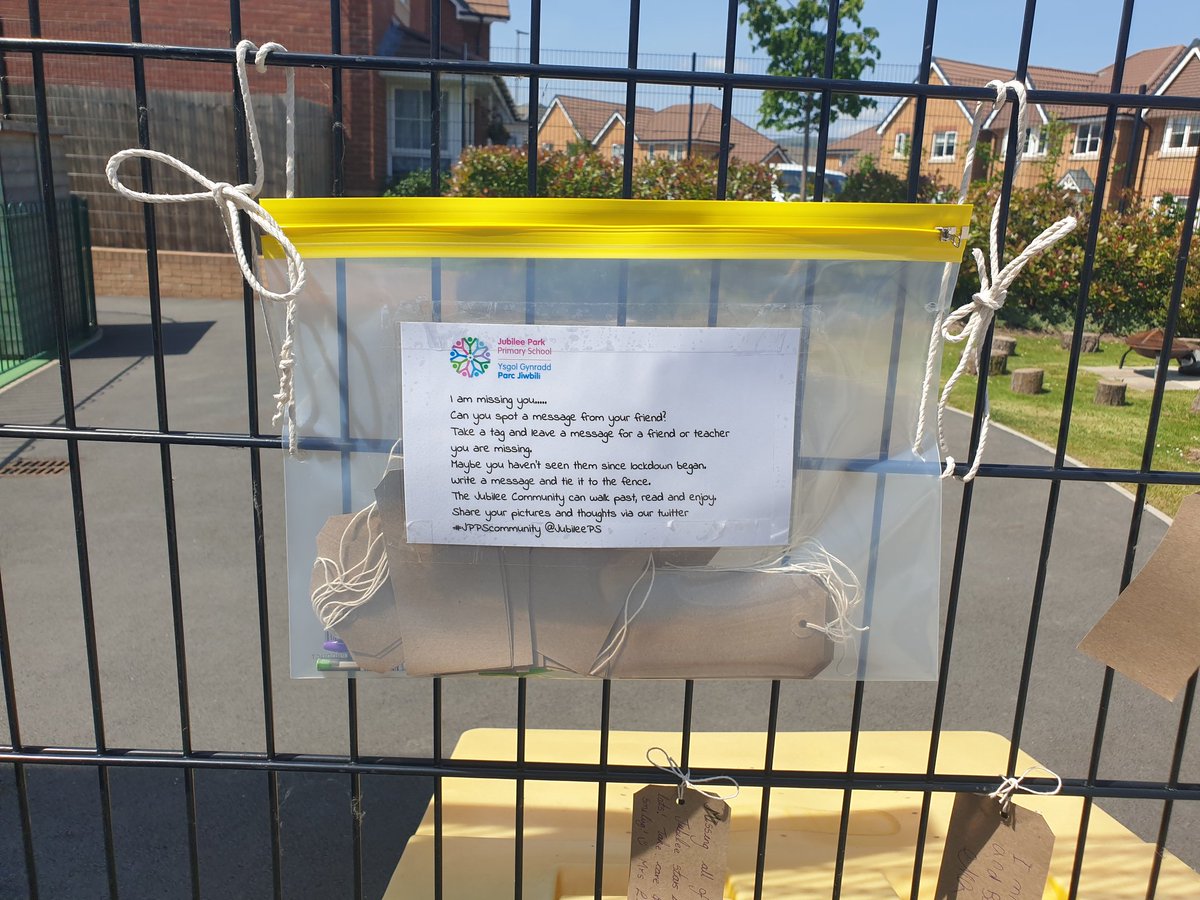 MrsHallJPPS's tweet photo. Connect with the community 
Why not leave a message for a friend or family member when you walk past school.... who do you miss? 💚💜🌈 #jppscommunity @JubileeParkPS https://t.co/QNMnDiCKgr