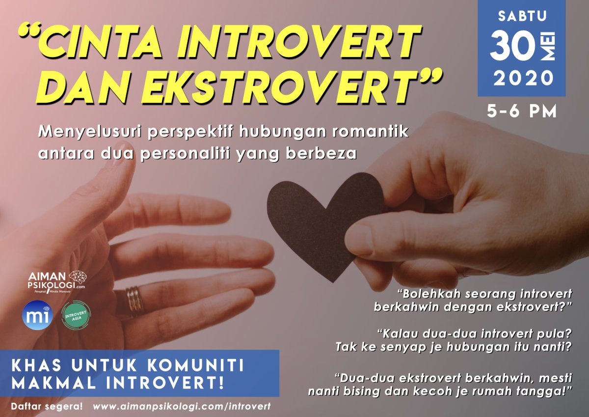 Nanti Sabtu ini saya akan cerita lagi panjang pasal ini, dalam sesi live Makmal Introvert.Hanya terbuka untuk ahli komuniti MI saja. Kita live, kita kupas sama-sama topik ini macam sebelum ini.Kali ini, ada game baru pula haha.Boleh daftar di  http://www.aimanpsikologi.com/introvert 