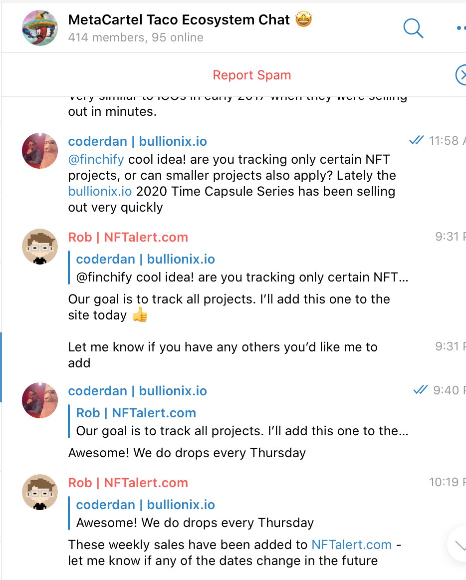 coderdannn's tweet photo. Cheers 🍺 to Rob from @NFTalert for adding @Bullionix_io's weekly drop!
Super impressed to see value like this coming from the public @Meta_Cartel telegram chat.
If the free version is so good, how amazing must the members-only version be?? 🤔🤔 #DAORUSHWEEK https://t.co/FAN6wlFvdg