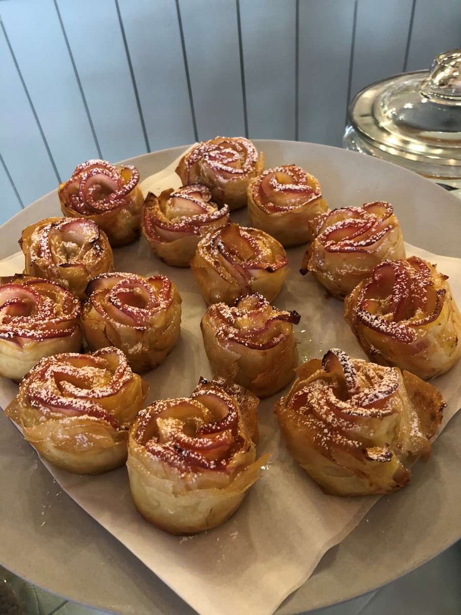Today's special treat: Muntsa's apple and custard filo flowers. BACK STORY: When we were all off, we were active with home-baking and swapping pictures on the team’s WhatsApp group. When Munsta did these: OMG we HAVE to have these on as soon as we get back! So here they are!