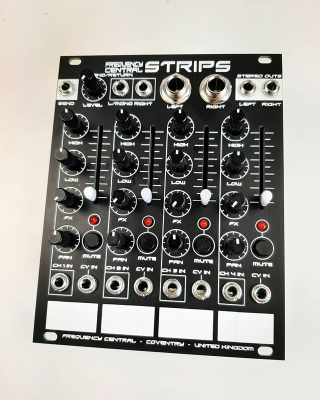 FC Strips: 4 channel VCA based stereo mixer with EQ, FX bus, CV and mutes. The white rectangles at the bottom are scribble strips. There might be a video of this in action on my YouTube by the weekend.

📸 instagram.com/p/CAud5_yBioC/ via tweet.photo