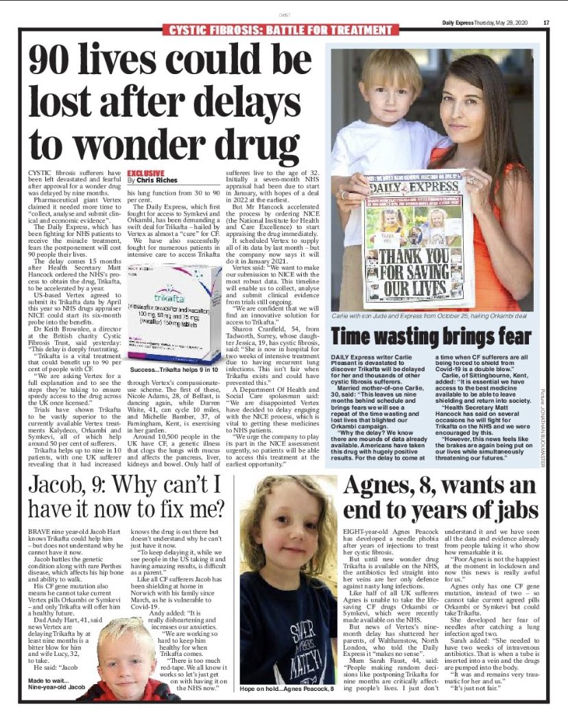 itsonly_andy's tweet image. Jacob in @Daily_Express today raising awareness of the unacceptable 9 month delay to the NICE appraisal process. 
@cftrust
#cysticfibrosis @MattHancock 
#TrikaftaNow #PutPatientsFirst