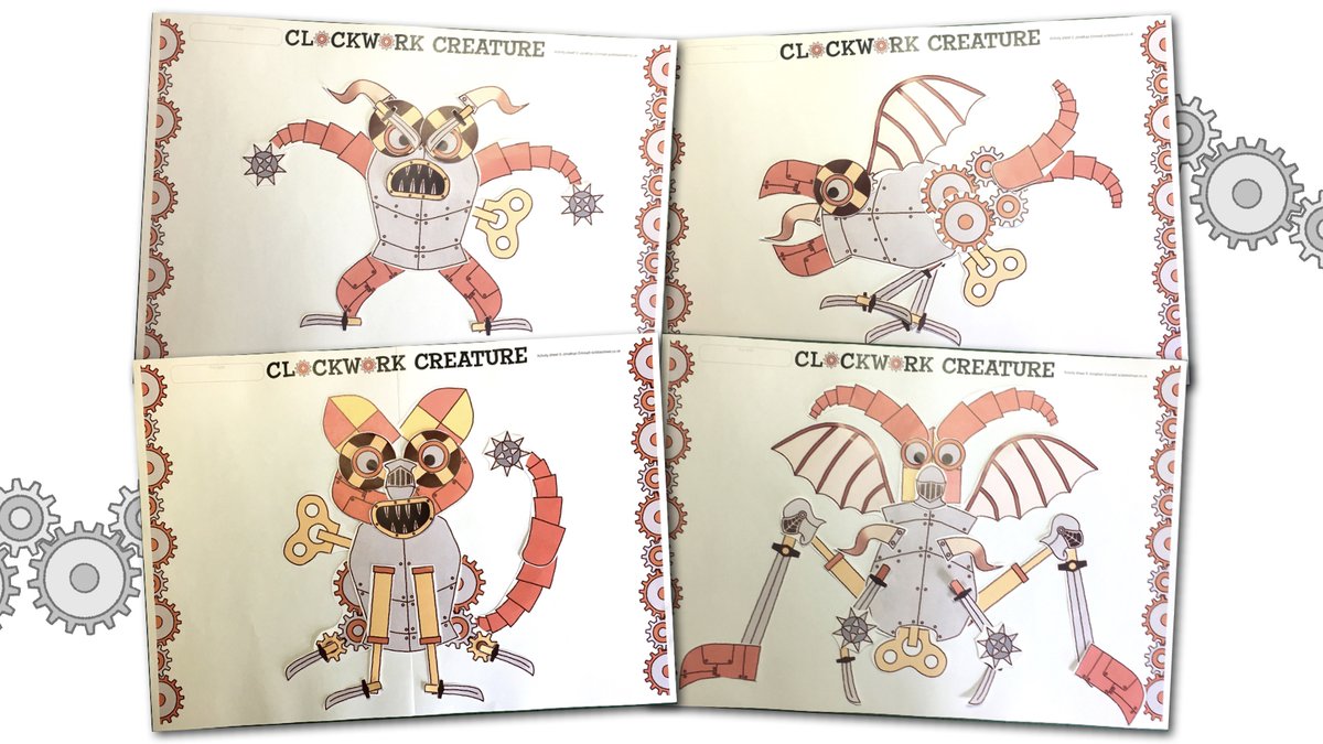 JonathanEmmett's tweet photo. Finally got around to creating a new cut-out-and-make collage activity for my school/library #TheClockworkDragon sessions. Here are some of the clockwork creatures I 'wound up' making to test the kit of parts, inspired by @ElysDolan's illustrations. 
@OUPChildrens https://t.co/Ou2G1Z8oOP