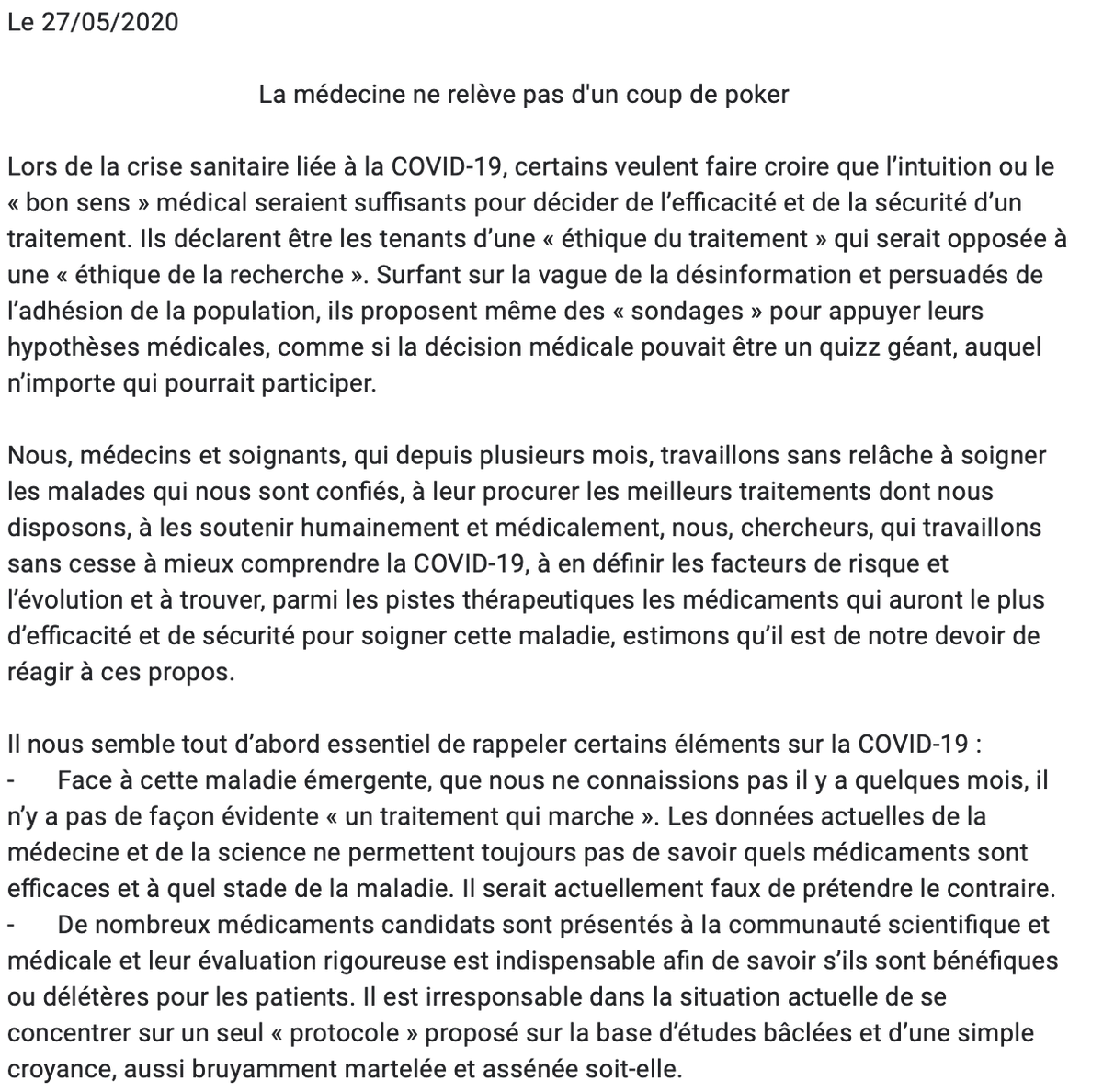 La médecine ne relève pas d'un coup de poker  #COVID19 No  #FakeMedTribune  @ReJIF_  @SPILF_ : on ne décide pas de la prise en charge d'une maladie sur la base d'une croyance, en bafouant toute la démarche scientifique. Merci de signer et diffuser https://forms.gle/zeMbmHPjoczJXmL271/n