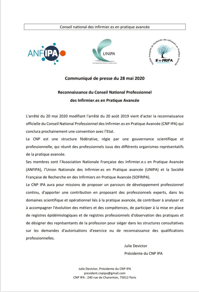 so_fripa's tweet photo. Reconnaissance du #CNPIPA qui va pouvoir fédérer pour construire et faire évoluer La #pratiqueavancée infirmière en France. @MinSoliSante @OrdreInfirmiers @olivierveran @UNIPA9 @anfipa1 @ASI_Sc_Inf @acadmed @ordre_medecins #SegurDeLaSanté @DevictorJulie https://t.co/guwPr0LYJt