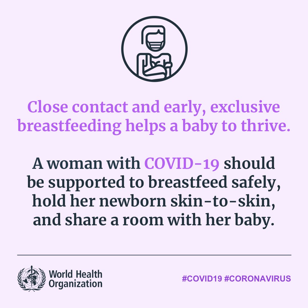 Close contact and early, exclusive  #breastfeeding helps a baby to thrive.A woman with  #COVID19 should be supported to: breastfeed safely hold her newborn skin-to-skin share a room with her baby  https://bit.ly/2Wxz2F1 
