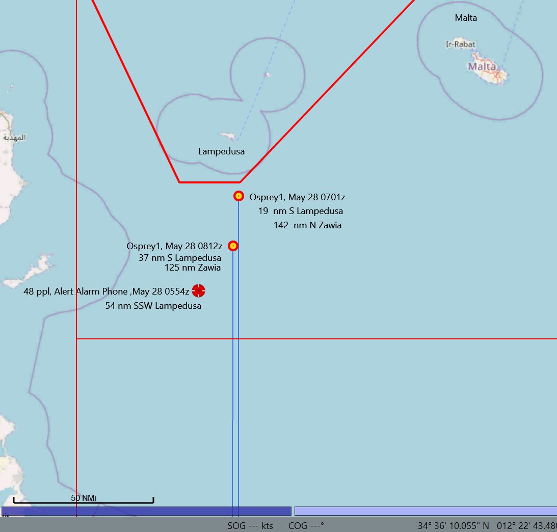 #migranti BREAKING 11:22 CEST

🔴 Pattugliamenti e orbite in corso del velivolo 🛩️ Osprey1 Frontex sotto #Lampedusa

Alarm Phone (07:54): imbarcazione con 48 naufraghi 
twitter.com/alarm_phone/st…

📉 Thread tracciati ed elaborazione mappa via Radio Radicale #OpenSourceInvestigation